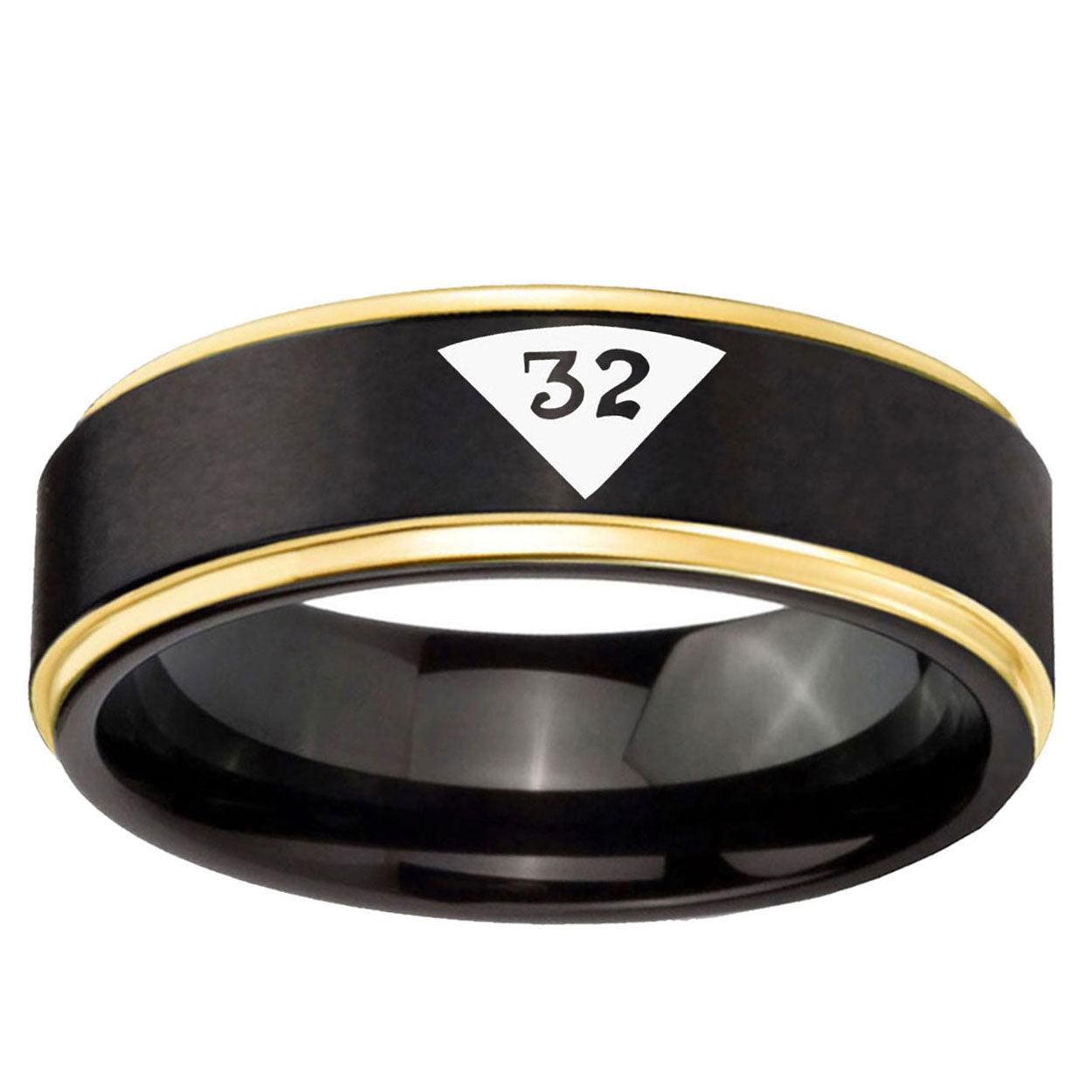6mm Masonic 32 Triangle Design Freemason Gold Step Edge Black Tungsten Ring