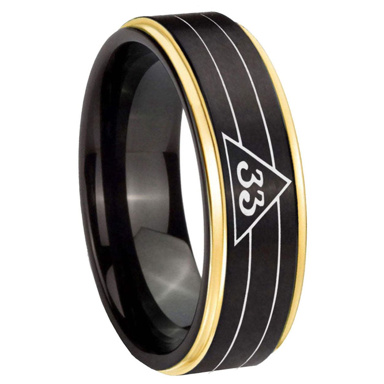 8mm Masonic 32 Duo Line Freemason Gold Step Edge Black Tungsten Ring