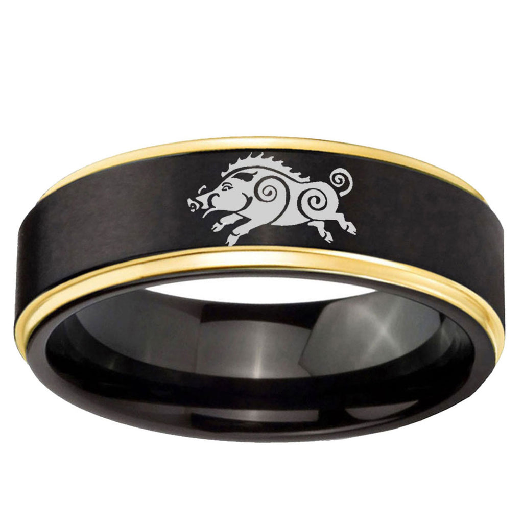 10mm Wild Boar Gold Step Edge Black Tungsten Carbide Wedding Ring