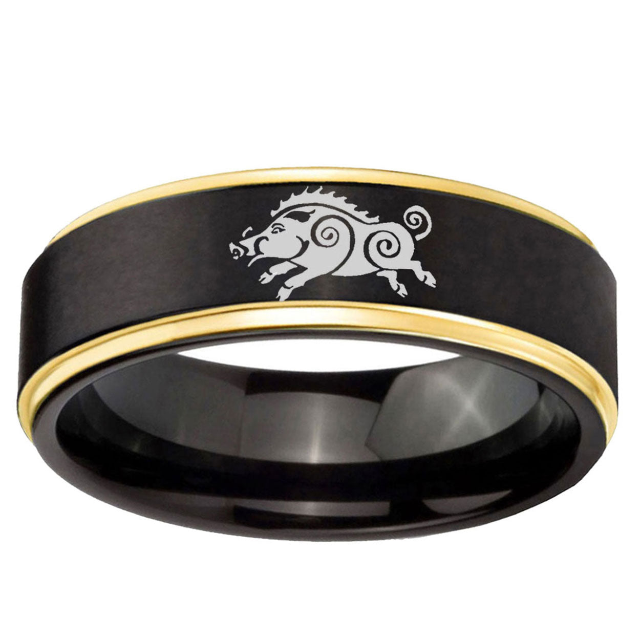 10mm Wild Boar Gold Step Edge Black Tungsten Carbide Wedding Ring