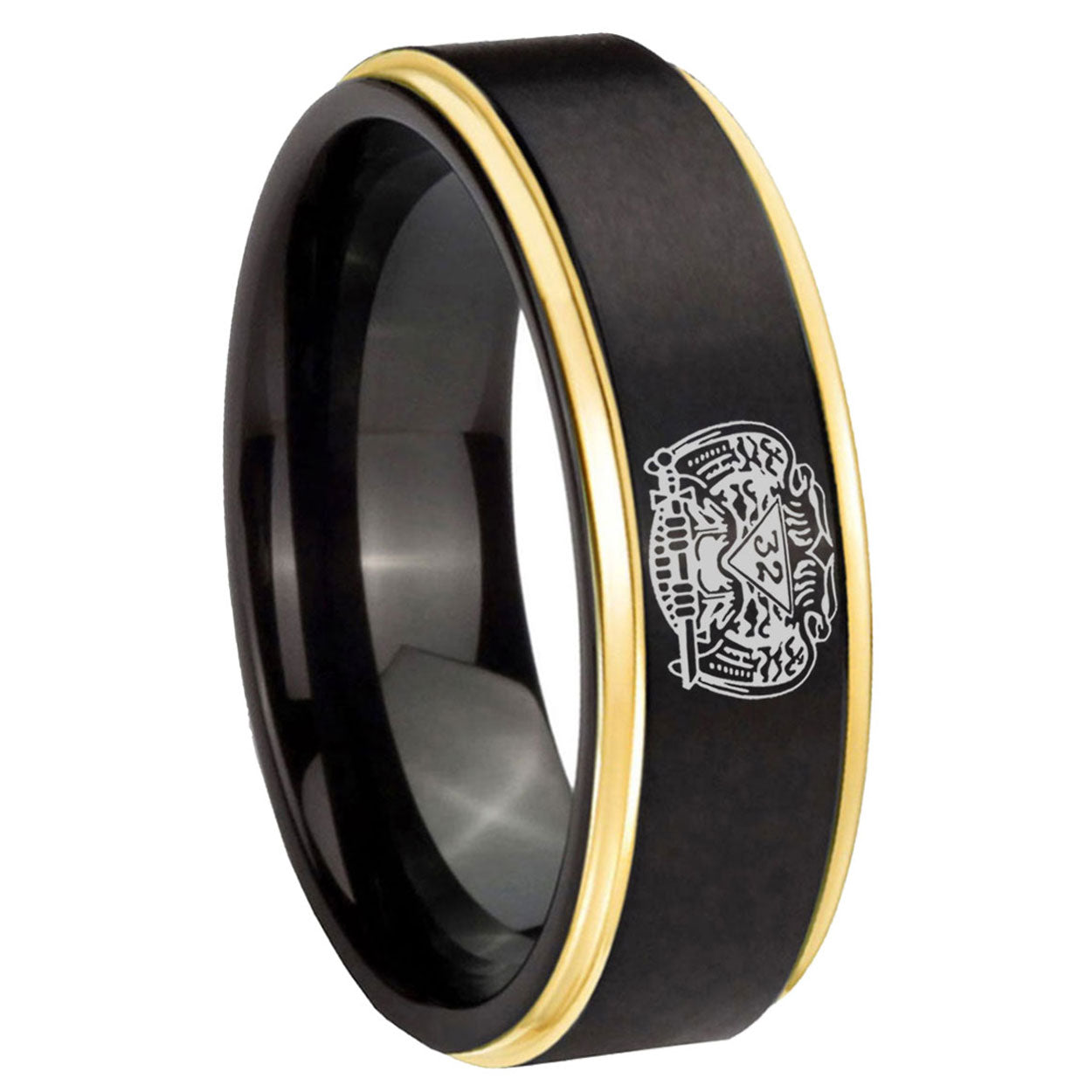 8mm Masonic 32 Degree Freemason Gold Step Edge Black Tungsten Ring