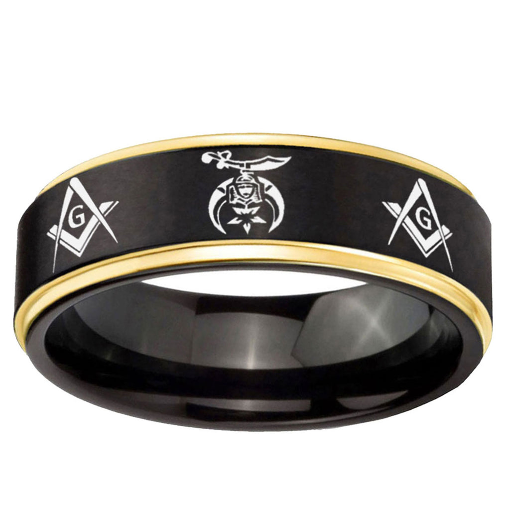 6mm Masonic Shriners Gold Step Edge Black Tungsten Men Bands