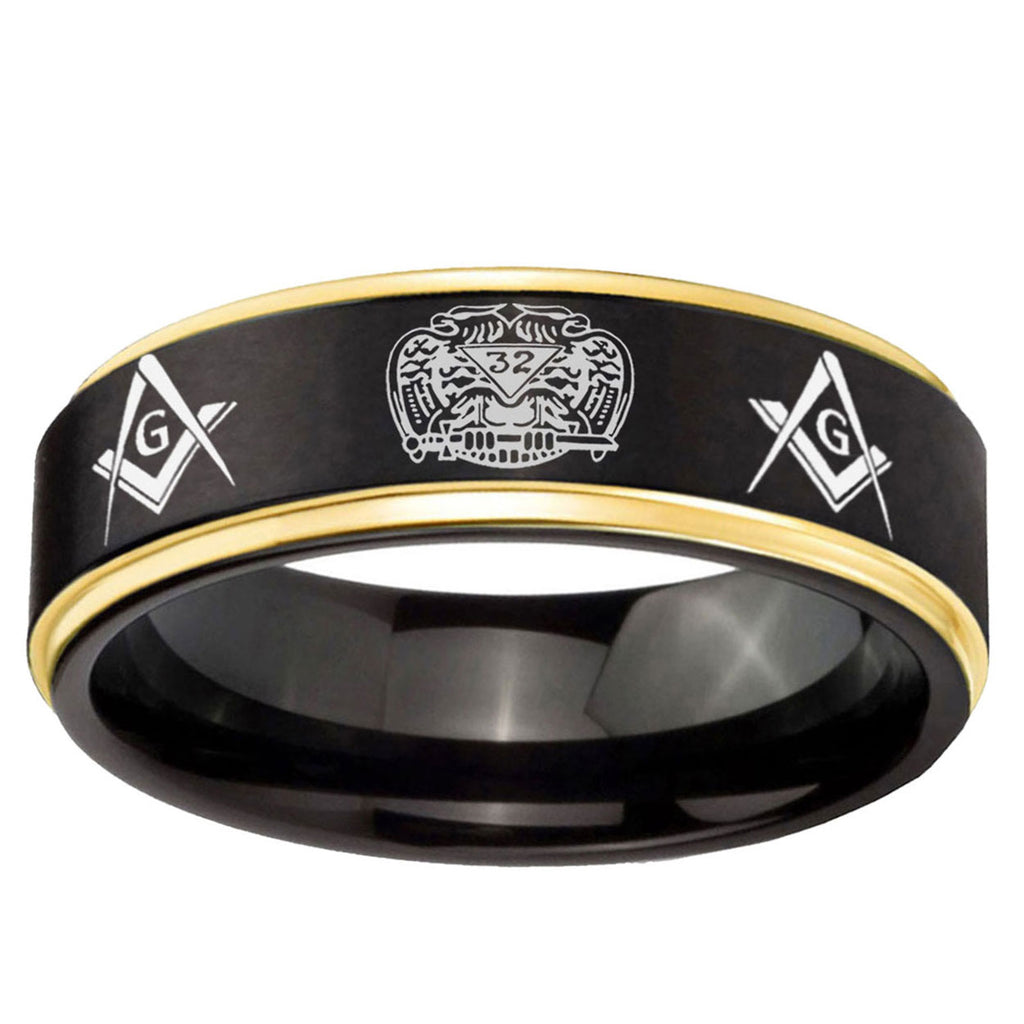 6mm Masonic 32 Design Gold Step Edge Black Tungsten Ring