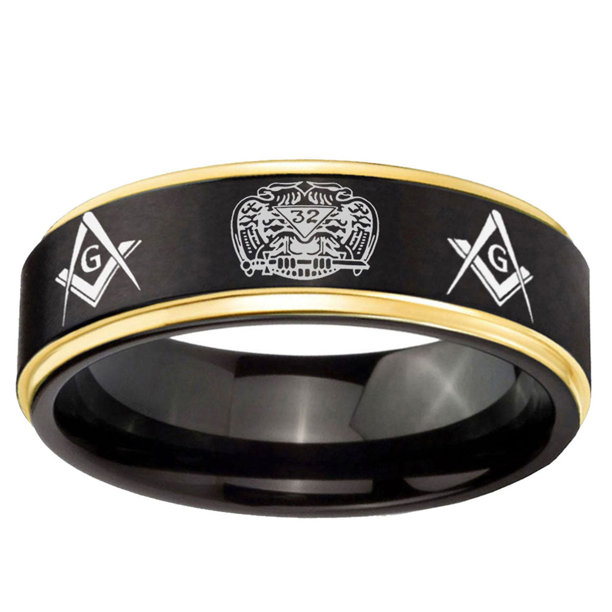 6mm Masonic 32 Design Gold Step Edge Black Tungsten Ring