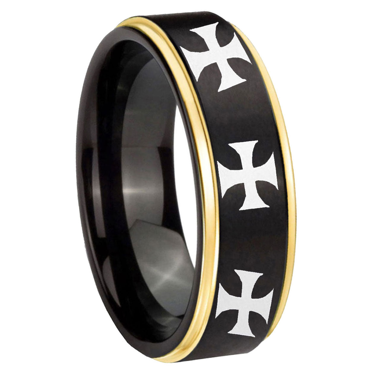 8mm Multiple Maltese Cross Gold Step Edge Black Tungsten Ring