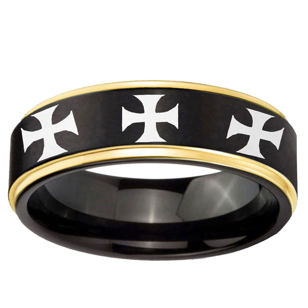 6mm Multiple Maltese Cross Gold Step Edge Black Tungsten Ring