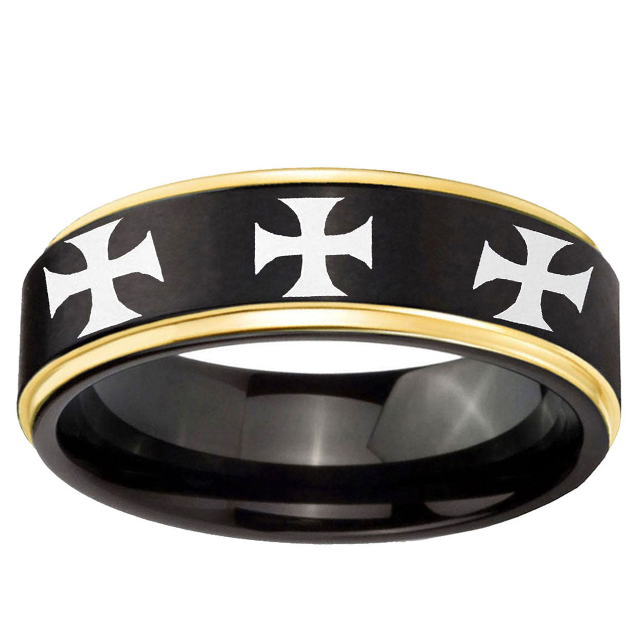 6mm Multiple Maltese Cross Gold Step Edge Black Tungsten Ring