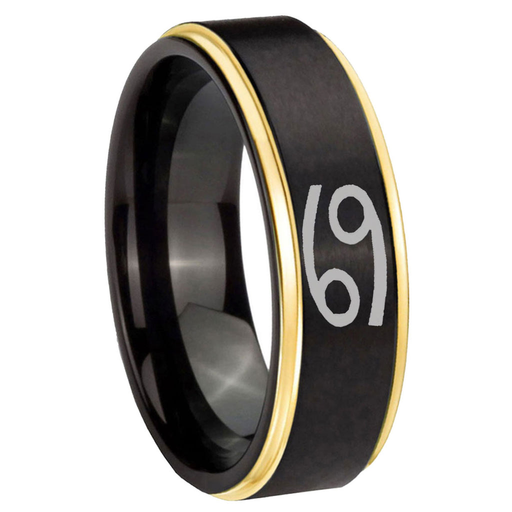 8mm Cancer Horoscope Gold Step Edge Black Tungsten Ring