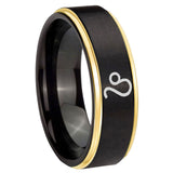 6, 8mm Leo Zodiac Gold Step Edge Black Tungsten Carbide Anniversary Ring
