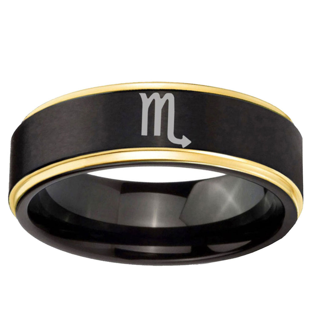 6mm Scorpio Horoscope Gold Step Edge Black Tungsten Ring
