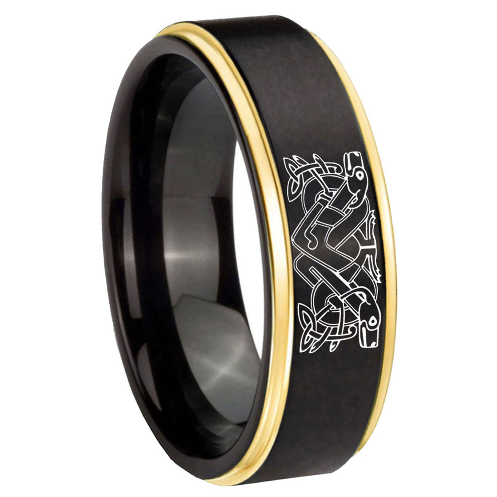 8mm Celtic Dog Gold Step Edge Black Tungsten Mens Ring