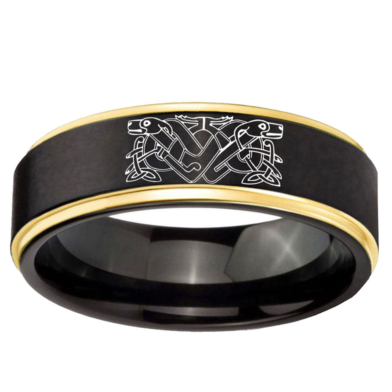 6mm Celtic Dog Gold Step Edge Black Tungsten Mens Ring