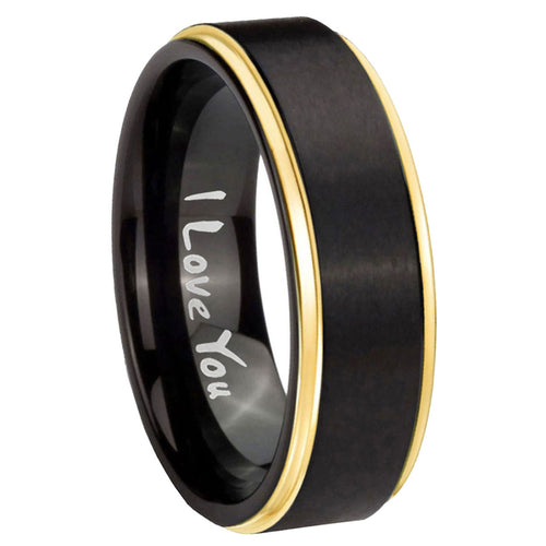 8mm I Love You Gold Step Edge Black Tungsten Mens Ring