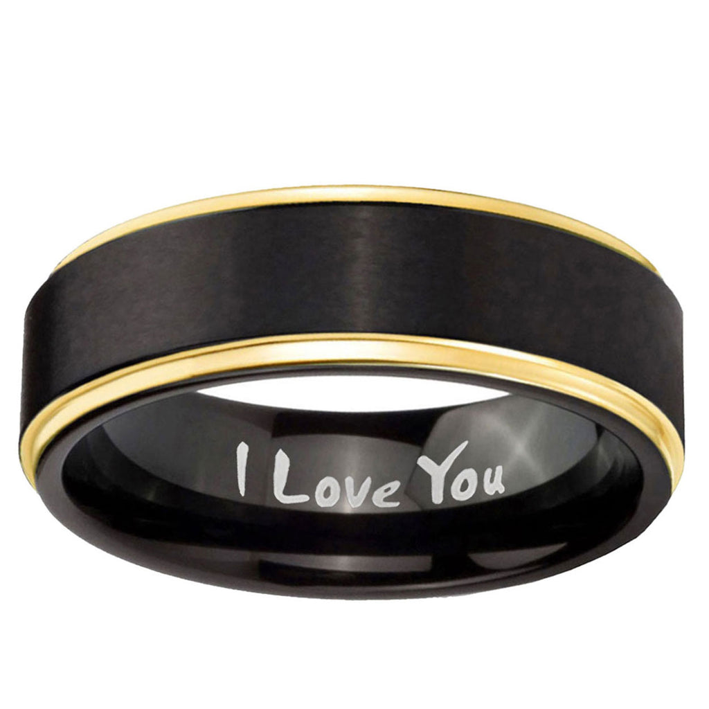 6mm I Love You Gold Step Edge Black Tungsten Mens Ring