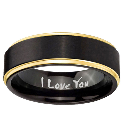6mm I Love You Gold Step Edge Black Tungsten Mens Ring