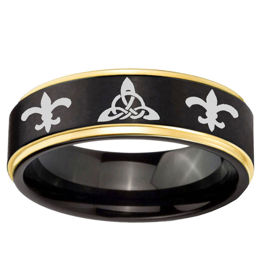 6mm Celtic Triangle Fleur-De-Lis Gold Step Edge Black Tungsten Ring