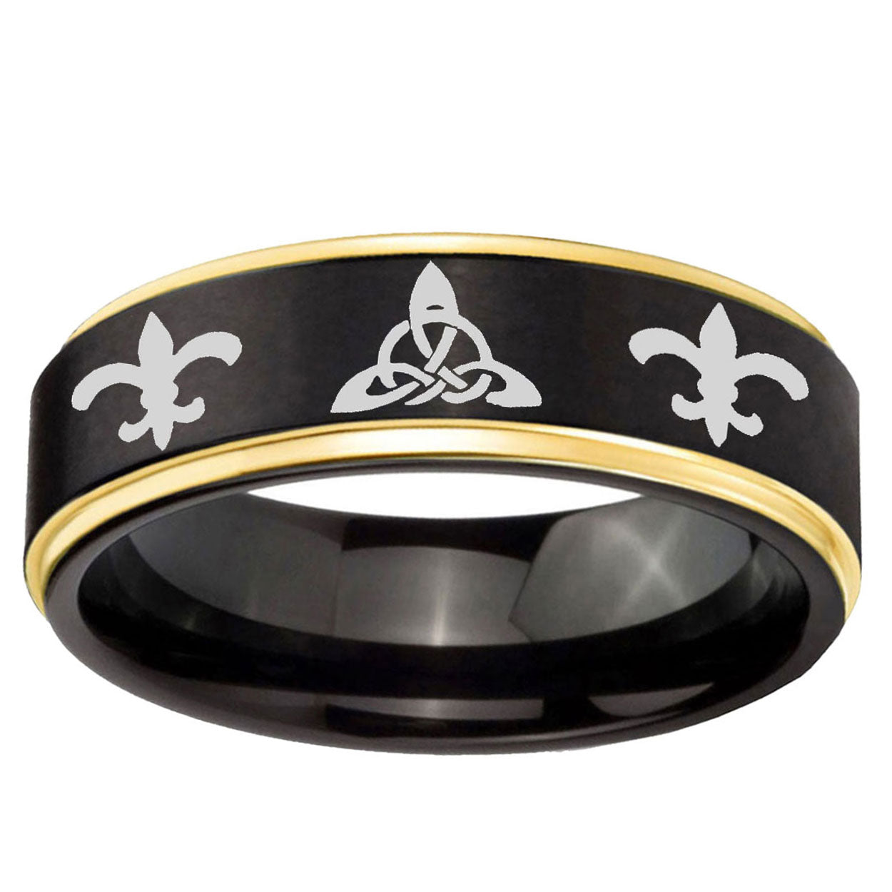 6mm Celtic Triangle Fleur-De-Lis Gold Step Edge Black Tungsten Ring
