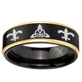 6mm Celtic Triangle Fleur-De-Lis Gold Step Edge Black Tungsten Promise Ring