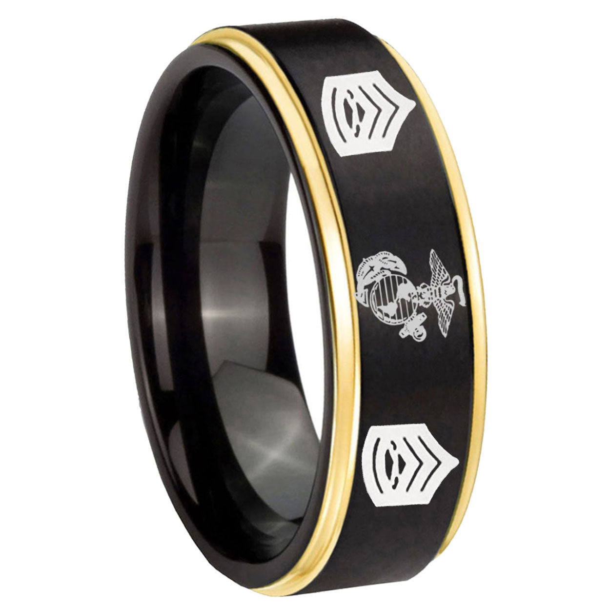 8mm Marine Army Sergeant Gold Step Edge Black Tungsten Band