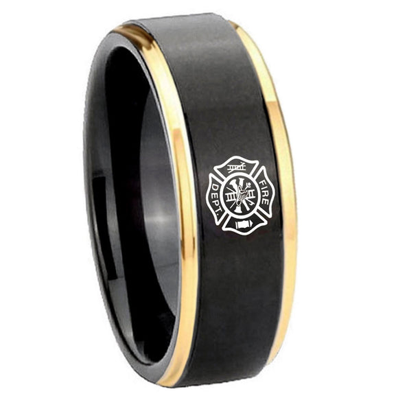 10mm-Fire-Department-Gold-Step-Edges-Black-Tungsten-Carbide-Men's-Band-Ring