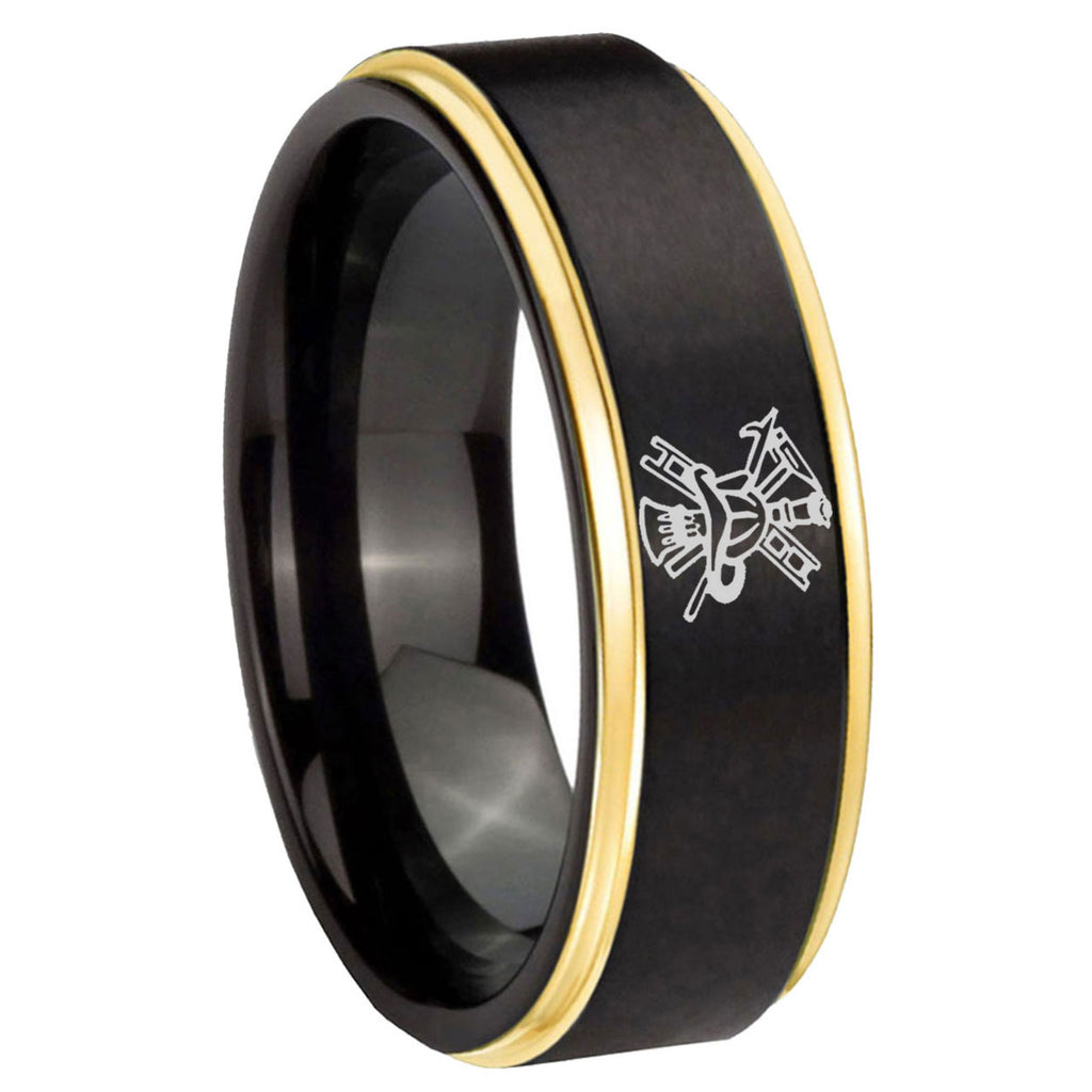 8mm Fireman Gold Step Edge Black Tungsten Mens Promise Ring