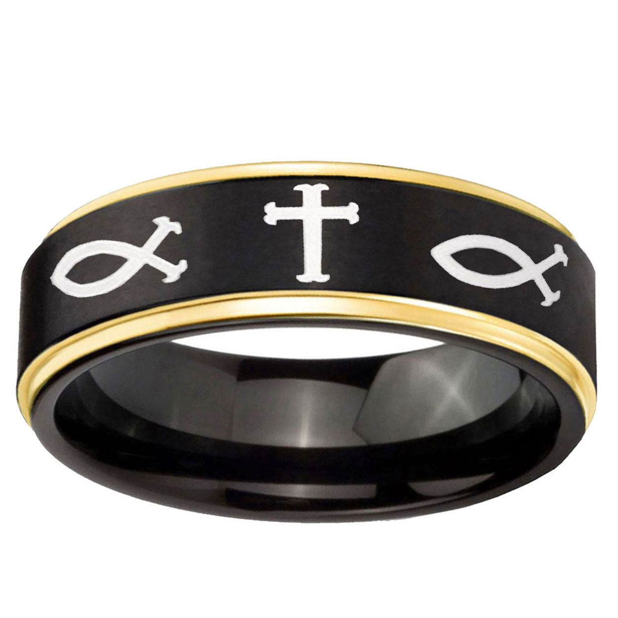 6mm Fish & Cross Gold Step Edge Black Tungsten Wedding Band