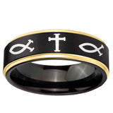 6mm Fish & Cross Gold Step Edge Black Tungsten Carbide Wedding Band Men's