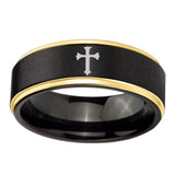 8mm-Flat-Christian-Cross-Gold-Step-Edges-Black-Tungsten-Mens-Wedding-Ring
