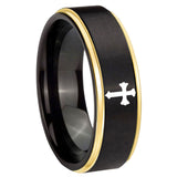 10mm Flat Christian Cross Gold Step Edges Brushed Black Tungsten Carbide Promise Ring