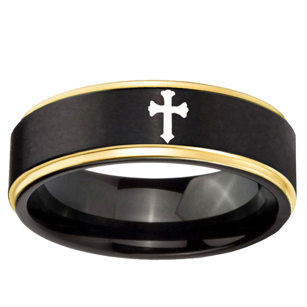 10mm Flat Christian Cross Gold Step Edge Brushed Black Tungsten Carbide Promise Ring