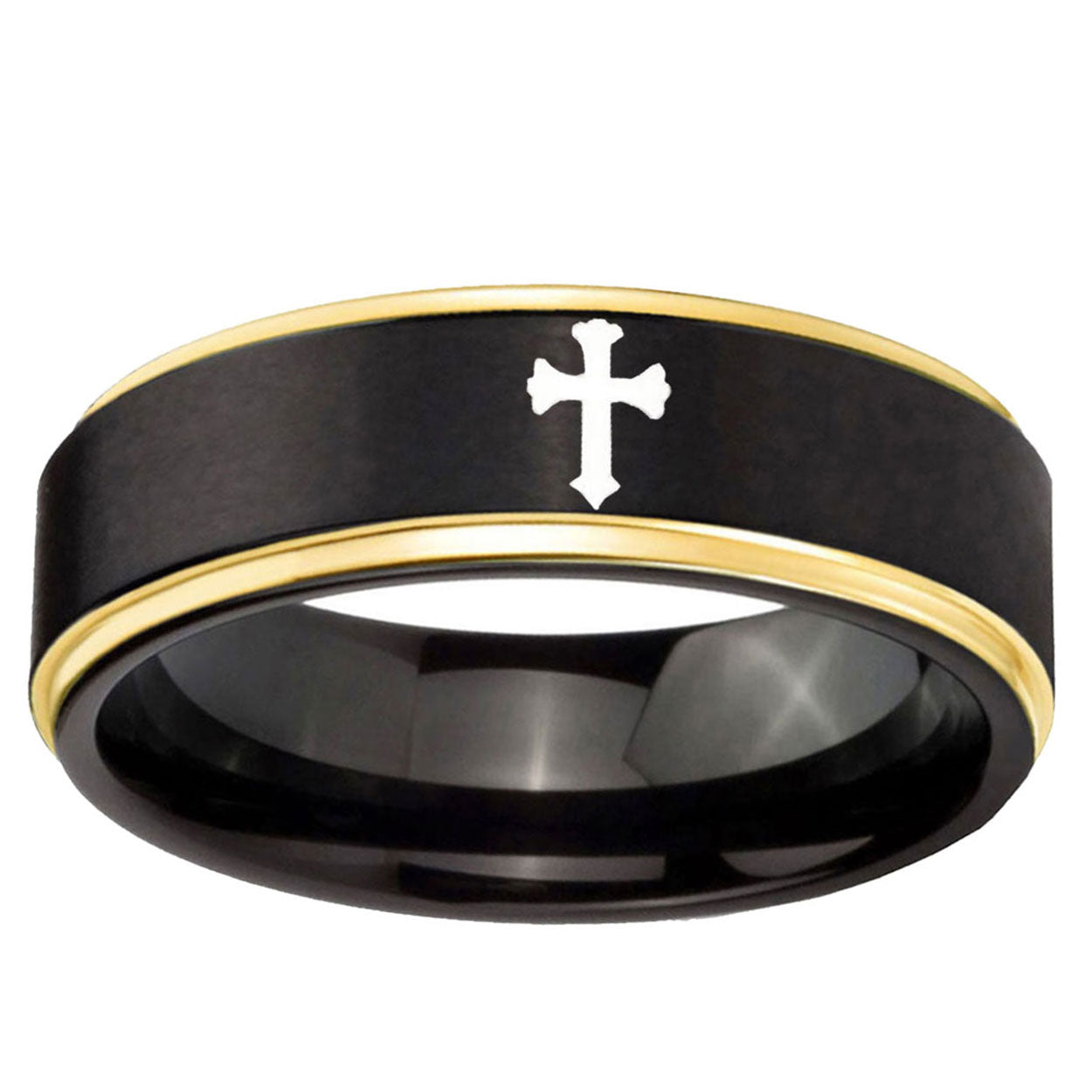 10mm Flat Christian Cross Gold Step Edge Brushed Black Tungsten Carbide Promise Ring