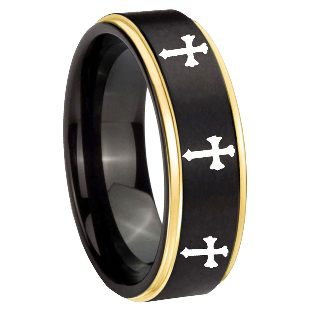 8mm Multiple Christian Cross Gold Step Edge Black Tungsten Ring