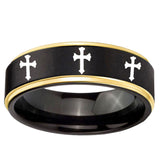6mm Multiple Christian Cross Gold Step Edge Black Tungsten Wedding Bands Ring