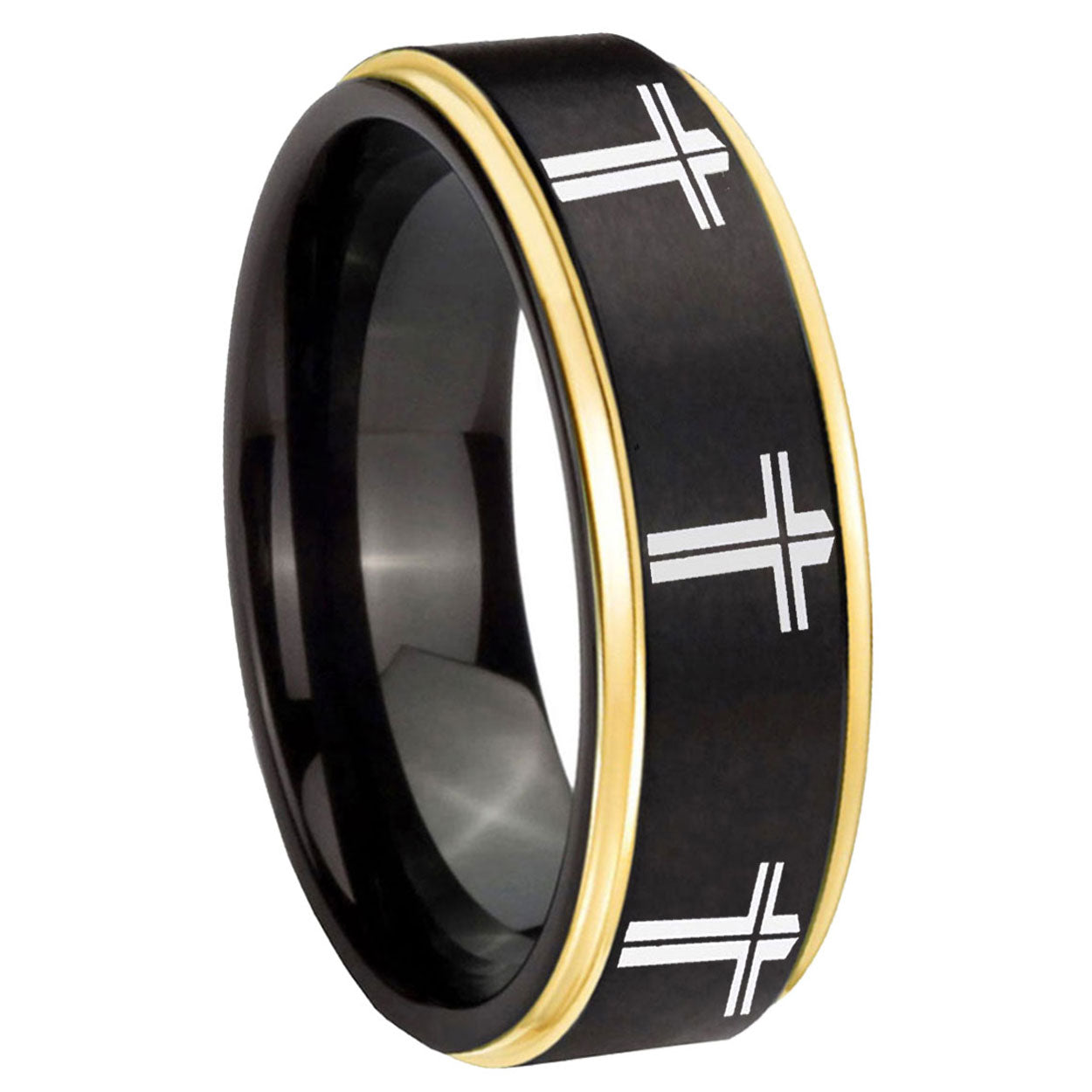 8mm Multiple Christian Cross Gold Step Edge Black Tungsten Ring