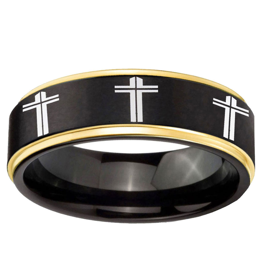 6mm Multiple Christian Cross Gold Step Edge Black Tungsten Ring