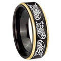 8mm Etched Tribal Pattern Gold Step Edge Black Tungsten Ring