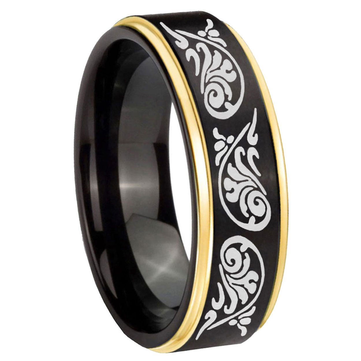 8mm Etched Tribal Pattern Gold Step Edge Black Tungsten Ring