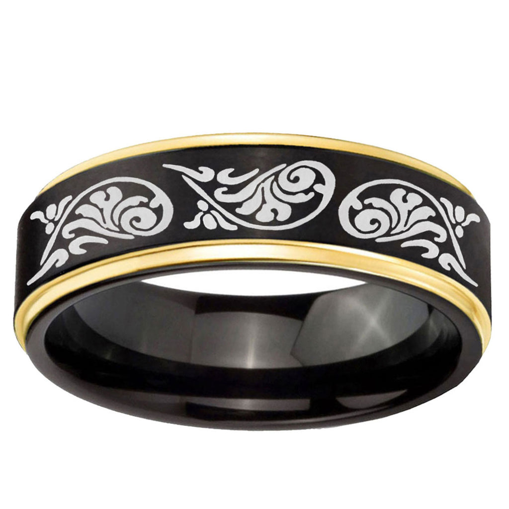 6mm Etched Tribal Pattern Gold Step Edge Black Tungsten Ring