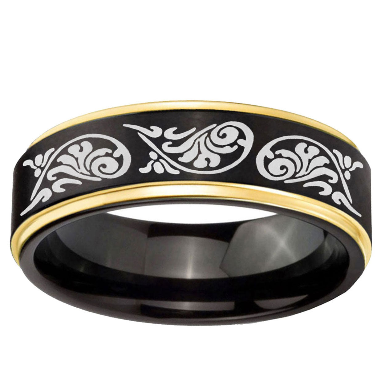 6mm Etched Tribal Pattern Gold Step Edge Black Tungsten Ring