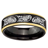 6mm Etched Tribal Pattern Gold Step Edge Black Tungsten Men's Ring Personalized