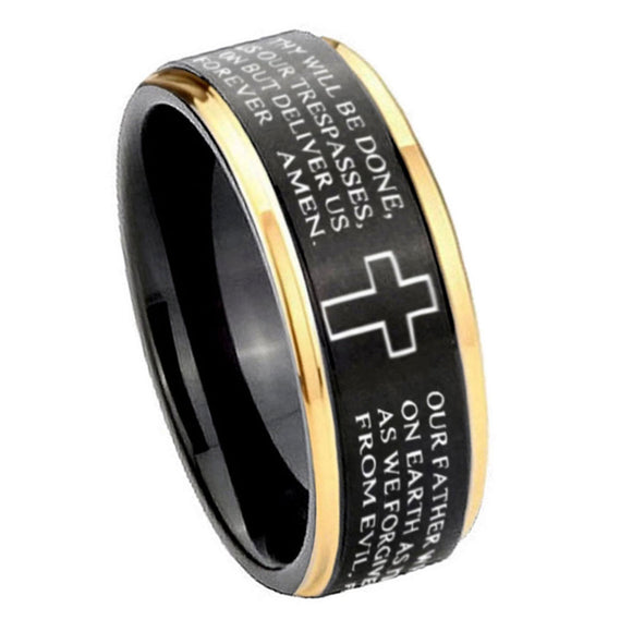 8mm Bible Lord's Prayer Step Edge Black Gold Cobalt Ring