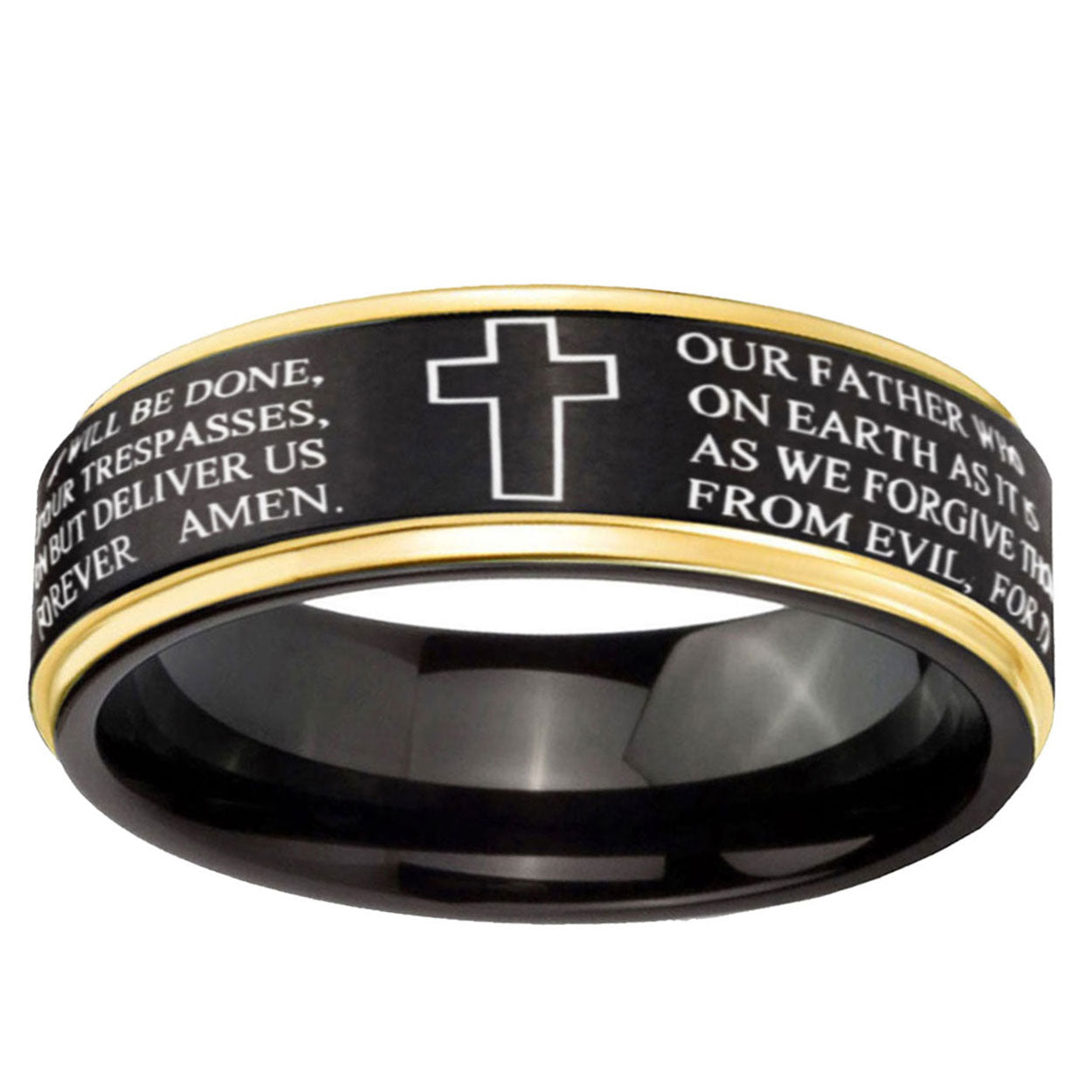 6mm Etched Lord's Prayer Cross Gold Step Edge Black Tungsten Ring