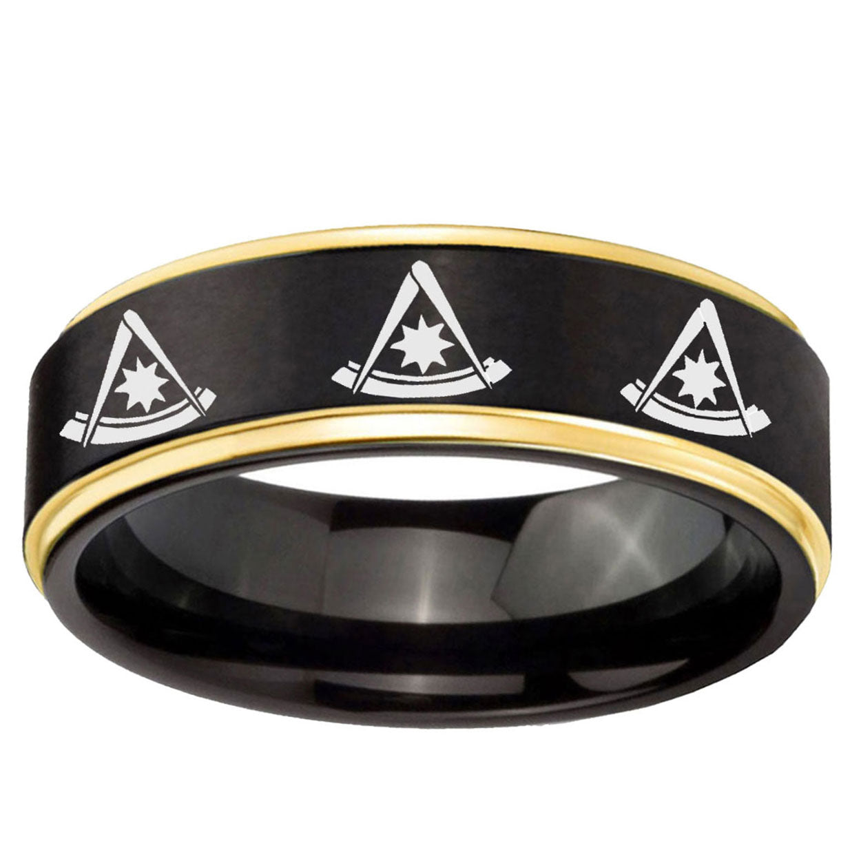 6mm Multiple Pester Master Masonic Gold Step Edge Black Tungsten Ring