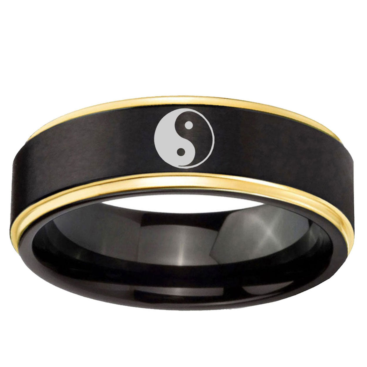 6mm Yin Yang Gold Step Edge Black Tungsten Personalized Ring