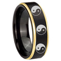 8mm Multiple Yin Yang Gold Step Edge Black Tungsten Ring