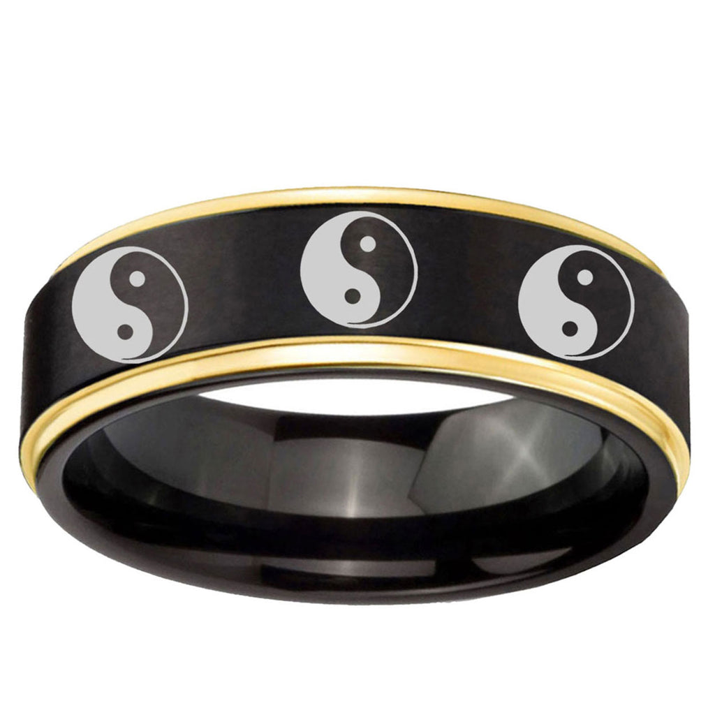 6mm Multiple Yin Yang Gold Step Edge Black Tungsten Ring