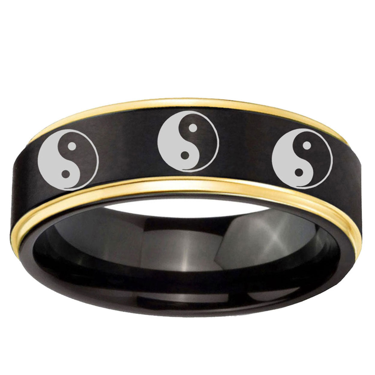 6mm Multiple Yin Yang Gold Step Edge Black Tungsten Ring