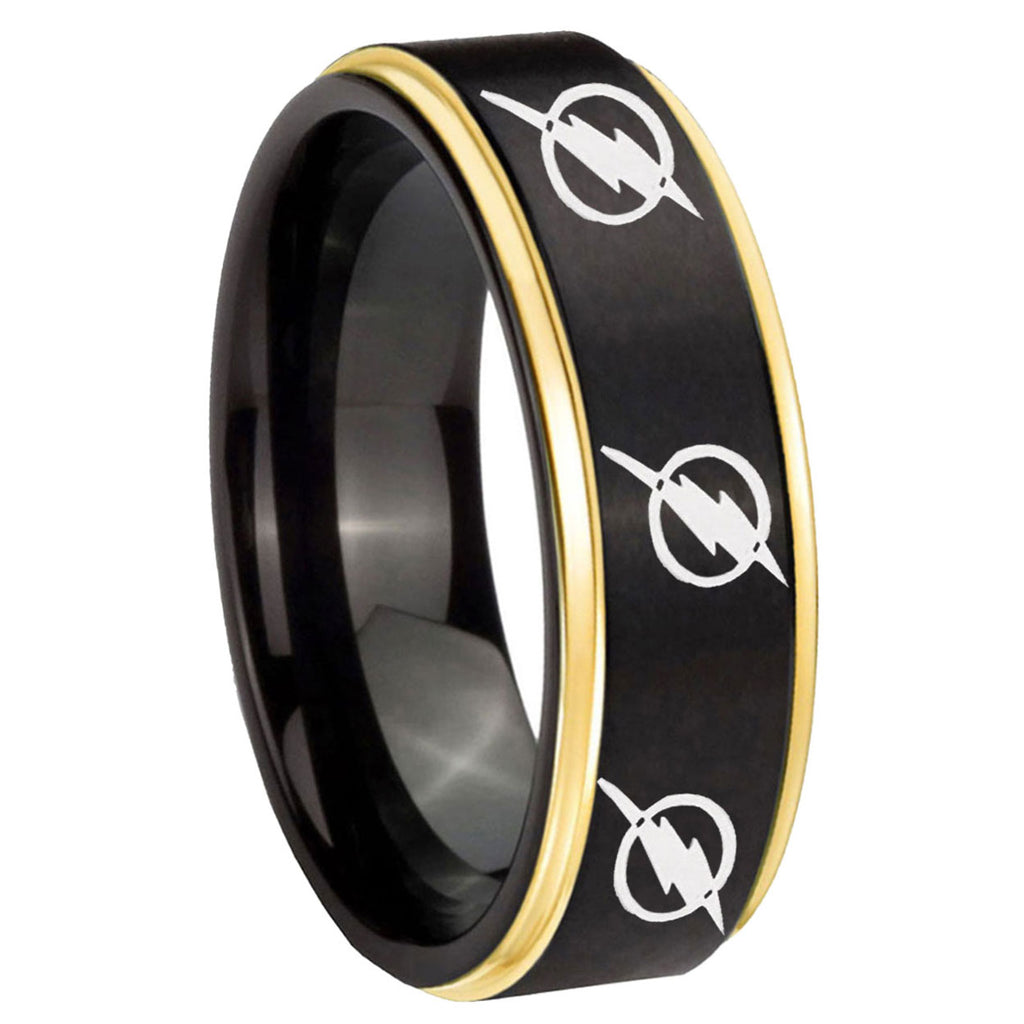 8mm Multiple Flash Gold Step Edge Black Wedding Band