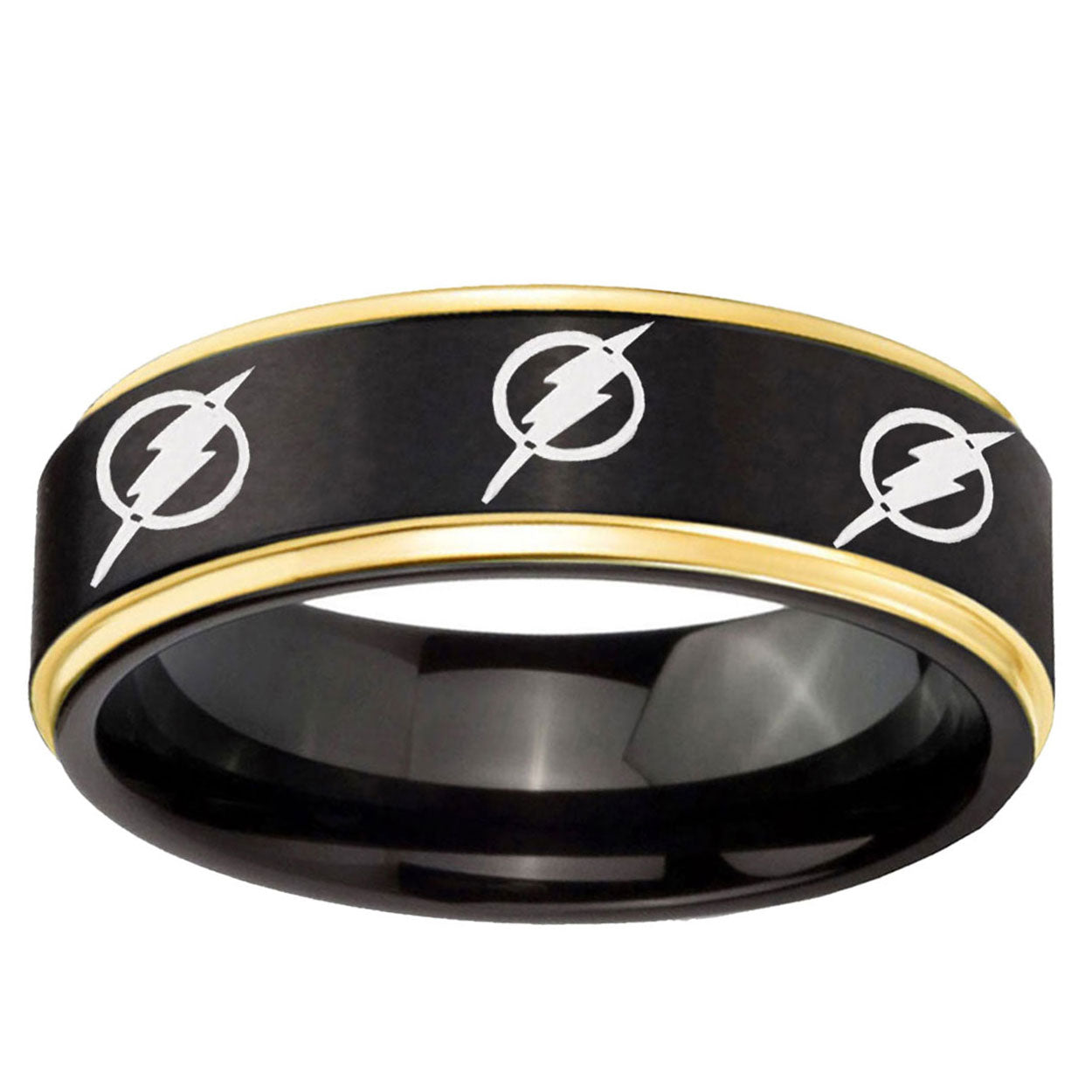 6mm Multiple Flash Gold Step Edge Black Wedding Band