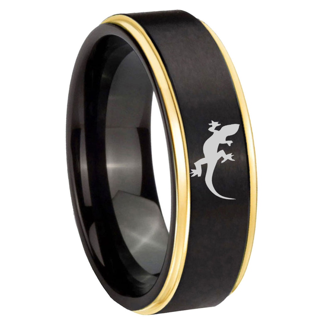 8mm Lizard Gold Step Edge Black Tungsten Ring for Men